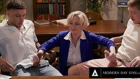 Mature Teacher jerks couple dicks and gets double penetrated by students