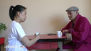 Horny old pervert asks his Asian nursemaid to fuck
