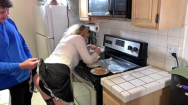 The maid takes the hard cock in the kitchen