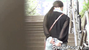 Bombshell Japanese brunettes pissing themselves outdoor