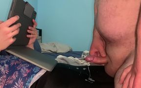 I jerk off and I cum on my girlfriend's black leggings