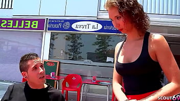Spanish Teen Waitress Cristal Cherry talk to Outdoor Casting Fuck by two Guys