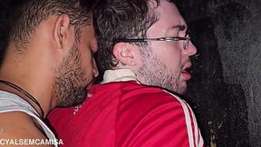 Geek Gets Tag-Teamed by Two Studs in Gay Porn Theater Booth - FULL SCENE