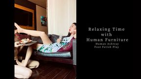 Relaxing Time with Human Furniture – Human Ashtray & Foot Fetish Play (vertical video)