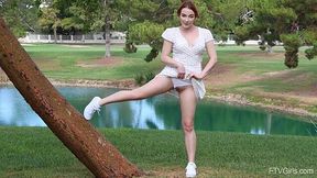Naughty redhead Jackie outside public masturbation in summer dress