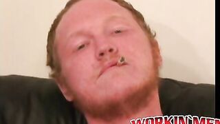 Redhead tugs his cut boner and tries his best to get hard