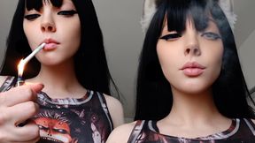 As smoking goth girl sucks, blows and gets blown