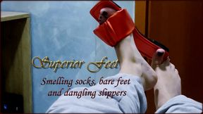 Smelling socks, bare feet and dangling slippers