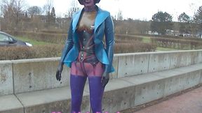 ORIGINAL SOUND! Latex Pierced Doll in Transparent Jeans, Stockings, Jacket gloves, Mask & Corset Inserting Metall Butt Plug and Walks in Public PART 2