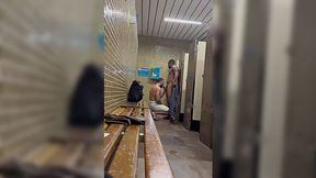 Muscular gay man wraps her tight BBC in her mouth right in the public locker room.