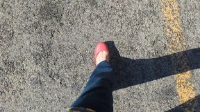 Fifi pedal pumping in new red flats with lots of heel popping and toe cleavage