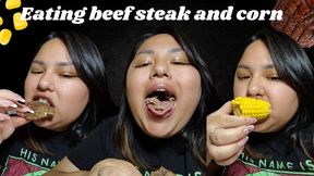 Eating beef steak and corn