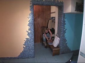 Hot blonde voyeur in sauna