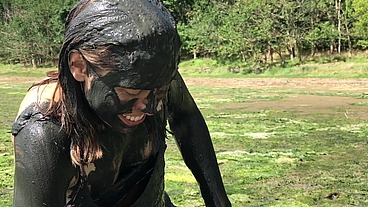 Messy Cute Girl, Dirty Muddy and Gunged in Sexy Pink