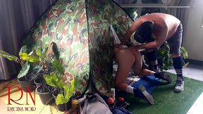 sex in camp. a stranger fucks a nudist lady in her mouin a camping in nature.
