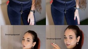 Smoking Multiples in velour and showing off my body, 2 cigs at once, Marlboro reds