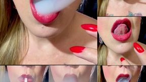 Close-up White Cigarette 80s - Deep Inhales -Nose Exhales -Coughing - Red Lipstick