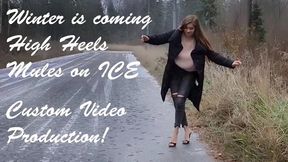 High heels sliding on a black ice, high heels mules on ice, high heels on slippery ice