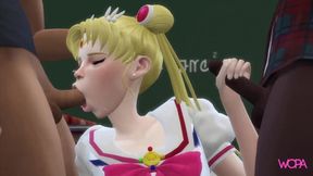 Two sailor-suited whores get their crotches pounded by randy classmates on the sly