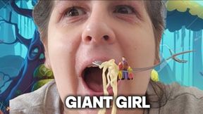 Giant Girl Plays with a Tiny Family While Eating Her Lunch