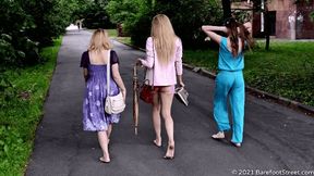 Three blondes Irene, Lilia and Valentina walk barefoot in the city after a summer rain (Part 1 of 6) #20211017