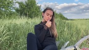 Sheer Nude Nylon JOI in Public with smoking and dangling!