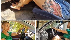 Alina pedal pumpin barefoot on an old Opel