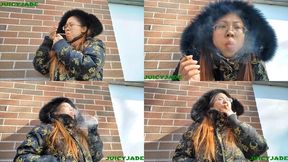 Asian Jasmine Jade in vintage fur trimmed hood jacket - close up smoking volume 73 Non Nude ****WMV****