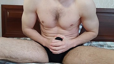 Pumped up handsome guy in black underpants started to excite his balls and his big cock Alex Huff