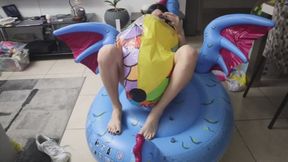 Owllete inflates beach ball and cums in inflatable dragon
