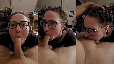 Brunette in glasses gets on her knees for blowjob and facial