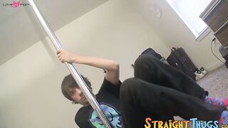 Pole dance show and jerk off with horny young straight stud