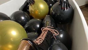Rubber Balloon popping Rubber Missy trampling latex balloons and mask fetish with high heels