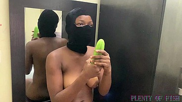 Ebony Teen Melanie Gives Lectures on Use of Condom with Huge Cucumber dildo for deep fucking illustration