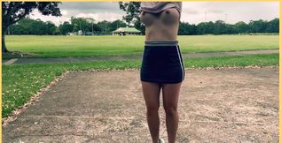 MILF plays basketball braless outdoor. Underboob on show