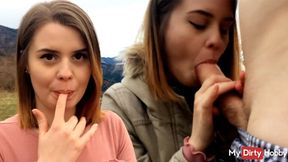Newbie fucked outside, mouths full of come - MyDirtyHobby