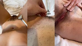 pov shaving a very hairy pussy. rubbing pubic hair on my belly. view of pussy and tits from the mirror. full bush