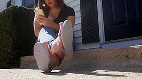 Wonderful teen 18+ With Sexy Feet Wearing Tight Jeans And Flip Flops Down Town