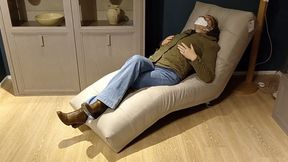 Risky public crossed legs orgasm in a furniture store