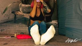 Lady Angela doing make up while you stare at my dirty white socks jeans tattooed goddess