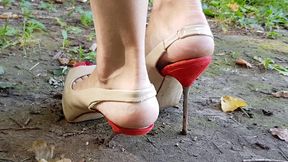high heels forest walk, high heels sinking in ground, high heels stuck in the forest