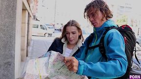 Blonde helps to tourist guy and spreads legs for him