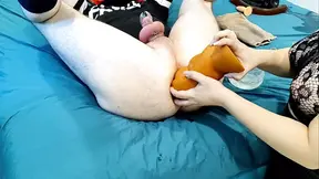 The Slave's Stretched Anal Cunt Takes a Huge Dildo and 2 Hands Anal Cumshot with My Fist in the Ass