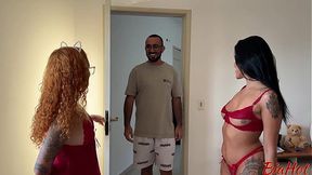 FRIEND&#x2019;S BF PANTS WIDE OPEN AS HE WATCHES HER JIZZ WITH GIRL, THEN JOINS THEM