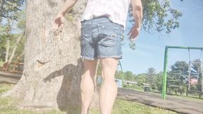 Tempest flexing in white wedges at the park