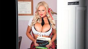 Passionate busty doll Katie Thornton sucks her massive dildo