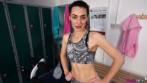Naughty slim natural chick Laura exposes her tight tits and inviting pussy