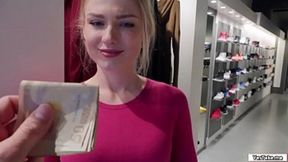 Russian store girl blowjob in the changing room for big bucks