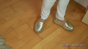 Worn Nylon Feet in Glittery Espadrilles & Tight White Jeans