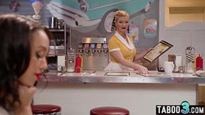 MILF waitress devours teen ebony sista's succulent genital paradise